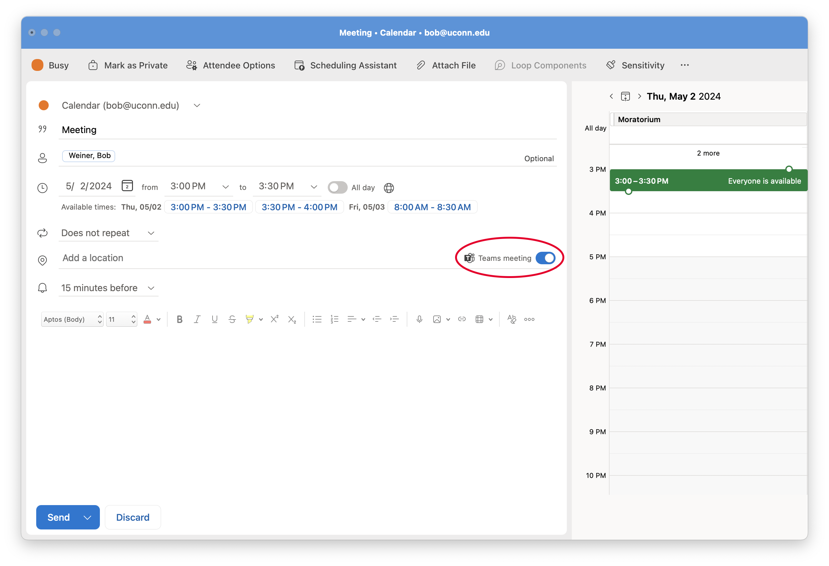 Meeting room reservation instruction step for Outlook Mac