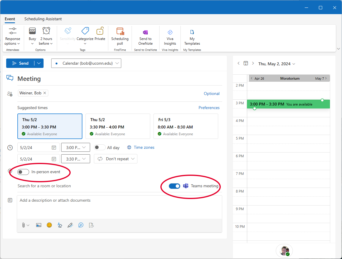 Meeting room reservation instruction step for Outlook Web